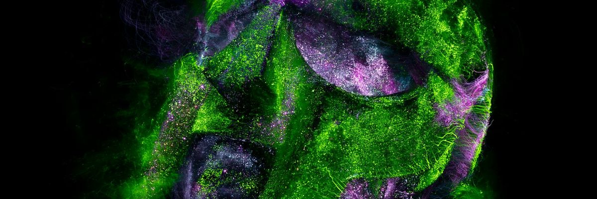 Wide panoramic abstract visualization of interconnected digital nodes